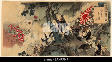 Moronobu Mizuno. Vive le grand empire japonais ! Une grande victoire pour nos troupes à l'assaut sur Songhwan (Dai Nihon teikoku banbanzai shugeki gun waga Seikan, pas de taisho) zu. 1894. Le Japon. Gravure sur bois en couleur ; triptyque oban Banque D'Images