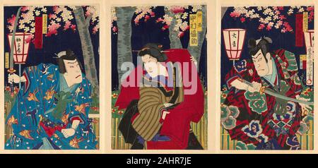 Toyohara Kunichika. Les acteurs Nakamura Shikan Fuwa Banzaemon IV comme, Nakamura Fukusuke IV comme la femme de chambre, et Kataoka Gado III comme Sanzaburo Nagoya. 1885. Le Japon. Gravure sur bois en couleur ; triptyque oban Banque D'Images