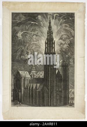 Theodoor van Thulden. D'artifice autour de la cathédrale d'Anvers, la plaque 41 de Casperius Gevartius, Pompa Introitus Honori Serenissimi Principis Ferdinandi. 1642. La Flandre. La gravure, avec plaque de gravure et de ton, en noir sur papier vergé crème avec la plus haute tour de l'église en Belgique et aux Pays-Bas, la cathédrale de Notre Dame est apparue sur Anvers au 17ème siècle, agissant comme son phare ainsi que son centre politique et spirituel. Cette fête commémore l'impression de l'entrée triomphale dans la ville par le nouveau régent Cardinal-Infant Ferdinand d'Autriche. Banque D'Images
