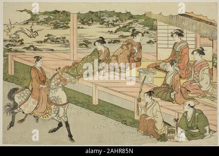 Torii Kiyonaga (éditeur). Le premier cheval de la nouvelle année norizome (UMA), le livre illustré de couleurs de l'aube (Saishiki Triple mitsu no asa). 1782-1792. Le Japon. Gravure sur bois en couleur, Oban, la page d'un livre illustré Banque D'Images