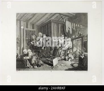 William Hogarth. 5 plaque, à partir d'une prostituée. 1732. L'Angleterre. Gravure en noir sur papier vergé ivoire relevée de travail dur pour cause de mauvaise santé, Moll se trouve en train de mourir de la syphilis que deux médecins en concurrence pour vider son sac et sa logeuse saccage son coffre. Déjà enveloppé de chaleur, la prostituée donne l'âme que son accompagnateur tente d'arrêter le tumulte et de son fils, peut-être ainsi, syphilitique à l'pique des poux dans ses cheveux. Banque D'Images