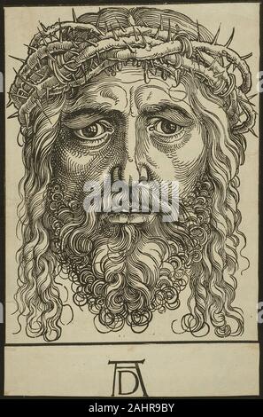 Hans Sebald Beham. Tête de Christ couronné d'épines. 1520-1550. L'Allemagne. Gravure en noir sur papier vergé crème décoration intérieure faite de l'imagerie religieuse omniprésents et imprime même fonctionné comme des sanctuaires. Pour ceux qui ont besoin d'une image pour concentrer leurs dévotions, Sebald Beham est magnifique, sur-vie-size Chef de Christ après Dürer's 1513 gravure sur bois Gravure Sudarium (affichée à proximité) présente une vue rapprochée de l'empreinte de la Sainte Face. Sa grande échelle peut être inspiré par un quinzième siècle répète en continu Sudarium papier peint. Off-impression de la même image o Banque D'Images