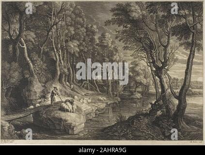 Adamsz). L'épaule. Forêt traversée par un ruisseau, de la petite de paysages. 1633-1645. La Flandre. Gravure sur papier vergé crème de gravures) by anonyme afficher une maîtrise de technique ; il a été en mesure d'obtenir l'effet des trois dimensions à travers son utilisation de lignes quadrillées, résultant en une vaste gamme de tons clairs et foncés. En même temps, plus de profondeur à son épaule s'imprime, ce qui semble comme si le spectateur pouvait physiquement entre en scène. Banque D'Images