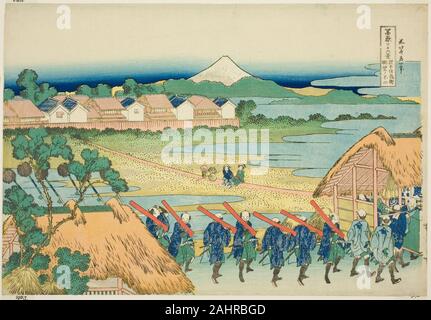 Katsushika Hokusai. Le Mont Fuji vu de la Senju plaisir trimestre (Senju kagai yori chobo no Fuji), de la série trente-six vues du Mont Fuji Fugaku sanjurokkei (). 1825-1838. Le Japon. Estampe oban couleur ; Banque D'Images