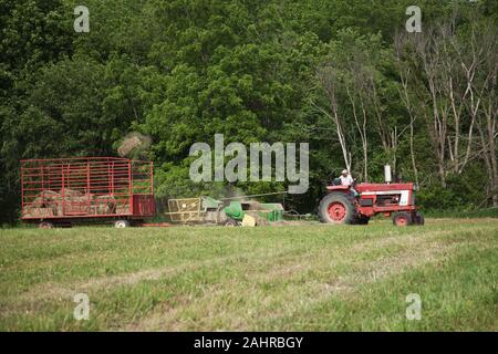 International Harvester Farmall homme sur le tracteur, la mise en balles de foin dans un champ avec un vol de balle en l'air, à Galena, Illinois, USA. (Pour un usage éditorial uniquement Banque D'Images