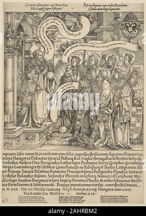 Snyders Frans (genre Hans. L'Empereur Maximilien Présenté au Christ par son saint patron. 1519. L'Allemagne. Gravure en noir sur papier vergé crème avec ce texte xylographic xylographie memorial célèbre l'Empereur Maximilian's passage dans la vie éternelle. Il apparaît à genoux devant le Christ, espérant sa foule resplendissant de Habsbourg saints va l'aider à entrer au ciel. La Vierge et l'enfant sont présents, tout comme les Saints Andrew, Barbara, George, Leopold, Maximilien, et Sebastian, portant chacun de leurs attributs. Le texte latin au-dessous de la gravure sur bois de l'empereur des listes de titres et des territoires, une Banque D'Images