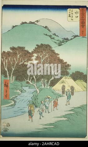 Utagawa Hiroshige. Le célèbre Minakuchi Pines au pied du Mont Hiramatsu (Minakuchi, meisho Hiramatsu yama no fumoto), no. 51 de la série de sites célèbres de la cinquante-trois Stations (Gojusan tsugi meisho zue), également connu sous le nom de Tokaido verticale. 1855. Le Japon. Estampe oban couleur ; Banque D'Images