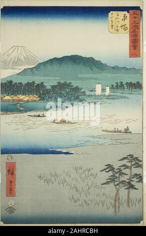 Utagawa Hiroshige. Sur le Ferry Hiratsuka Rivière Banyu et vue lointaine du Mont Oyama (Banyugawa funewatashi Hiratsuka, Oyama enbo), no. 8 de la série de sites célèbres de la cinquante-trois Stations (Gojusan tsugi meisho zue), également connu sous le nom de Tokaido verticale. 1855. Le Japon. Estampe oban couleur ; Banque D'Images