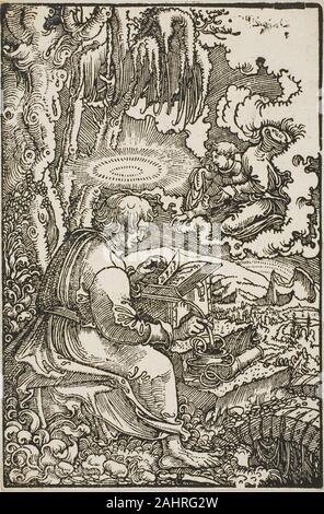 Georg Lemberger. Saint Matthieu, de la Bible de Luther. 1501-1600. L'Allemagne. Gravure en noir sur papier vergé ivoire Lemberger a étudié avec Albrecht,, un membre éminent de l'École du Danube ; cette preuve impression d'une illustration de livre à partir de la première partie de Martin Luther, traduction allemande du Nouveau Testament adhère à l'école de style et sauvage d'arbres noueux, effets spectaculaires de la lumière du soleil, les nuages et visionnaire. Le halo lumineux du saint plane au-dessus de sa tête comme il l'inscrit délibérément son évangile dans un grand tome alors qu'un accompagnateur angel sort de la trombe d'eau. Et pourtant, le parc naturel Banque D'Images