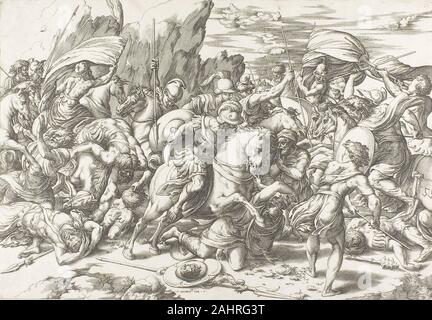 Giovanni Jacopo Caraglio. La bataille autour du bouclier et lance. 1522-1532. L'Italie. Gravure en noir sur papier vergé ivoire au milieu du chaos de la bataille, un bouclier et lance reste tranquillement dans l'avant-plan. Ces icônes de prouesses militaires sont entourés de chevaux tronçonnage, relevant des soldats, et des lances. Il est ironique que Giovanni Jacopo Caraglio choisit de représenter les romains comme cavaliers qualifiés, puisque la cavalerie fut la partie la plus faible de l'armée romaine jusqu'à la fin de la période impériale (A.D. 3e et 4e siècle). L'inscription au bas de la gravure les attributs de conception pour cette impression pour Raphael ; je Banque D'Images