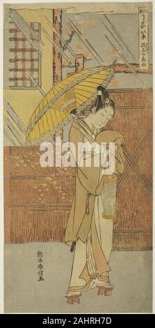 Suzuki Harunobu. Nuit de pluie (Genjo Genjo pas yau), de la série des parodies de huit scènes de chants Noh (Furyu utai hakkei). 1762-1772. Le Japon. Estampe hosoban couleur ; Banque D'Images