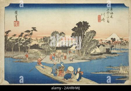 Utagawa Hiroshige. La Kawasaki Rokugo Ferry (Kawasaki, Rokugo watashibune), de la série Cinquante-trois Stations du Tokaido (Tokaido gojusan tsugi no uchi), également connu sous le nom de l'édition Hoeido Tokaido. 1828-1839. Le Japon. Estampe oban couleur ; Banque D'Images