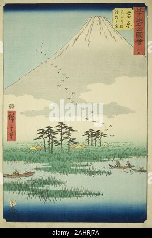 Utagawa Hiroshige. Fuji Yoshiwara Marsh et Ukishima Plain (Yoshiwara, Fuji no numa ukishima ga hara), no. 15 de la série de sites célèbres de la cinquante-trois Stations (Gojusan tsugi meisho zue), également connu sous le nom de Tokaido verticale. 1855. Le Japon. Estampe oban couleur ; Banque D'Images