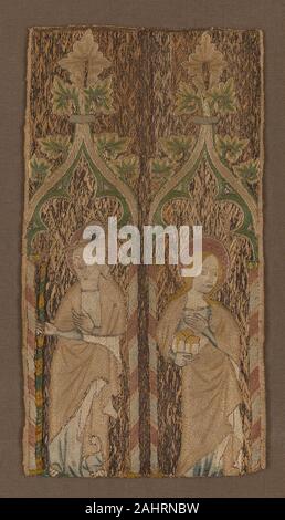 Un fragment de bande Orphrey montrant St. Barbara et Saint-jacques. 1350-1400. L'Angleterre. Linge de maison, à armure toile, sur fond de draps, à armure toile, brodé de soie et de métal doré-strip-enveloppé dans la soie, satin, satin matelassé et split points ; couching Banque D'Images