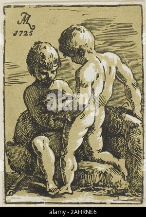 Conte Antonio Maria Zanetti, l'Aîné. Deux enfants de flatter un agneau. 1725. L'Italie. Gravure sur bois en clair-obscur noir et feu sur papier vergé blanc cassé Banque D'Images