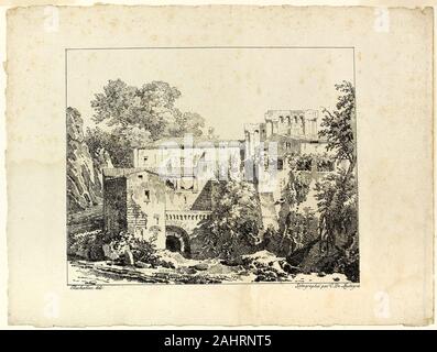 Achille Etna Michallon. Paysage avec ruines et viaduc. 1817. La France. Lithographie en noir sur papier vergé ivoire Banque D'Images