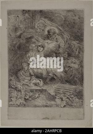 Giovanni Benedetto Castiglione. La Nativité avec Dieu le Père et les anges. 1645-1649. L'Italie. Gravure sur papier vergé ivoire un peintre prolifique, aquafortiste et dessinateur, Giovanni Benedetto Castiglione produit plusieurs interprétations novatrices de la Nativité. Balayage horizontal de l'épopée de cette gravure, souligne le pouvoir cosmique du Christ, Père céleste (il omet entièrement terrestre du Christ Joseph, beau-père). Banque D'Images