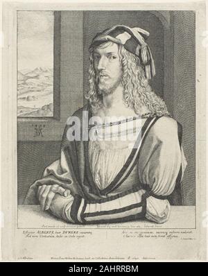 Wenceslaus Hollar. Albrecht Dürer. 1645. La Bohême. Gravure sur papier vergé ivoire ici Wenceslaus Hollar reproduit un autoportrait d'Albrecht Dürer peinture (maintenant au Prado, Madrid) comme un gravage en marche arrière. En 1498, à l'âge de 26 ans, Dürer décrit lui-même comme un homme d'artiste à la hauteur de ses prouesses créatives. Sur un voyage diplomatique, la ville natale de Dürer à Nuremberg en 1636, le comte d'Arundel a reçu la peinture comme un cadeau pour le roi Charles Ier d'Angleterre. Hollar a fait l'eau-forte à partir de l'original d'Arundel, qui était son grand patron. Banque D'Images