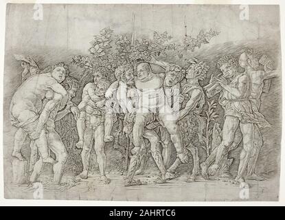 Andrea Mantegna. Bacchanal avec silène. 1475-1480. L'Italie. Gravure sur papier, Andrea Mantegna à adopter des motifs romains antiques ont contribué à leur importance durant la Renaissance italienne, en particulier lorsque traduit en circulant largement et fréquemment copiés de gravures. Mantegna est particulièrement sujets bachiques oblongue vanter les merveilles du dieu du vin ainsi que les excès de son entourage. En effet, dans cette impression d'une procession-comme groupement des chiffres, le Dionysos éméché, corpulent sidekick Silenos maquette reçoit un traitement de faveur alors qu'il est soulevé par satyres et couronné wit Banque D'Images