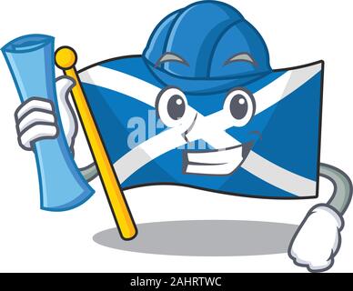 Drapeau ecosse Cheerful Architect Faire défiler avec un plan de travail et casque bleu Illustration de Vecteur