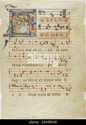 Neri da Rimini. Angel dans une initiale historiée A depuis un Antiphonary. 1300-1310. L'Italie. Manuscrit de la coupe dans la tempera et feuille d'or, avec gothica Textualis propose des inscriptions en latin à l'encre noire, a statué en rouge et bleu, et avec d'autres décorations, sur parchemin Banque D'Images