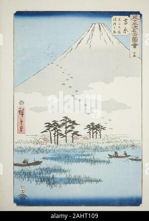 Utagawa Hiroshige. Fuji Yoshiwara Marsh et Ukishima Plain (Yoshiwara, Fuji no numa ukishima ga hara), no. 15 de la série de sites célèbres de la cinquante-trois Stations (Gojusan tsugi meisho zue), également connu sous le nom de Tokaido verticale. 1855. Le Japon. Estampe oban couleur ; Banque D'Images