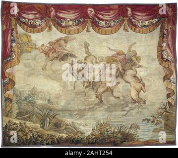 Antonio Tempesta (Designer). La chute de Phaeton. 1776-1800. Aubusson. La laine et la soie, et de fente de verrouillage double tissage de la tapisserie de l'ambition de Phaeton démesure guide son père char du soleil dans le ciel est enregistré dans d'Ovide, comme c'est le résultat catastrophique de sa tentative, ici présentée dans une scène dramatique qui capture le moment tumultueux de Phaeton est frappé par la foudre de Zeus. La cantonnière festonnée et rideaux latéraux qui encadrent la scène le lier à l'arrivée de Télémaque sur l'île de Calypso. Les deux tapisseries font partie d'une histoire de Banque D'Images