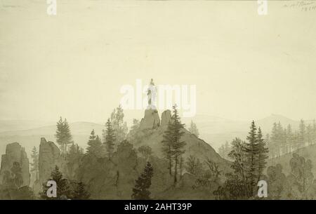 Caspar David Friedrich. Statue de la Vierge dans les montagnes. 1804. L'Allemagne. Pinceau et encre noire et grise, se laver avec du graphite, sur vélin crème ce vaste paysage par l'une des figures centrales du romantisme allemand date de Caspar David Friedrich au cours de ses premières années à Dresde, où il s'installe après des études à Copenhague (alors considéré comme le centre artistique de l'Europe du nord). Classé subtilement les nuances de gris sombre évoquent les laver, couverts si commune en Allemagne en novembre, lorsque cette image a été créée. L'établissement transmet aussi, dans les paroles de l'artiste, "Non seulement ce qu'il voit devant lui, bu Banque D'Images