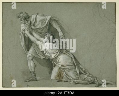 Jacques Louis David. Le départ de Marcus Attilius Regulus pour Carthage. 1775-1786. La France. Plume et encre noire et lavis à l'encre noire et pinceau et aquarelle blanc opaque avec craie noire et de touches de brown aquarelle sur papier vergé bleu dans l'étude, David puissant le défait le général romain Marcus Atilius Regulus, refusant les supplications de sa femme, insiste pour être renvoyé à Carthage pour être exécuté. Le dessin en relief, apparemment été creusées dans la pierre, audacieusement combine un cadre sobre et technique (noir, blanc) avec une extrême théâtralité, comme une scène réalisée sur scène. Banque D'Images