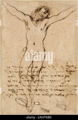 Le Guerchin. Le Christ sur la croix pour l'étude la Crucifixion avec Saints. 1624-1625. L'Italie. Plume et l'encre de noix de galle sur papier vergé chamois, fixées sur papier vélin ivoire Banque D'Images