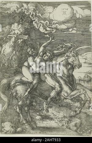Albrecht Dürer. L'enlèvement de Proserpine sur une licorne. 1516. L'Allemagne. Eau-forte en noir sur papier vergé blanc cassé c'est un des six expériences de Dürer au début de l'art et de gravure, ce qui reflète les racines de cette technique en armure, la décoration est faite sur un fer à repasser (plutôt que la plaque de cuivre). La composition, avec son arrière-plan linéaire insistante en concurrence avec la liberté calligraphique des principales figures, représente la gravure de Dürer plus mature style et ses efforts en vue d'assurer une unité tonale globale. Banque D'Images