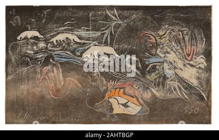 Paul Gauguin. L'univers est créé (l'Univers est en cours de création), à partir de la suite Noa Noa. De 1893 à 1894. La France. Wood-block print, imprimé en noir et brun, avec des encres d'essuyer, sélective et appliquée à la main orange, jaune, rouge, deux tons de vert, deux tons de bleu, gris argent et noir, aquarelle sur vélin crème papier japonais fixées sur papier Japon crème portées (un stratifié réalisé par l'artiste) Banque D'Images