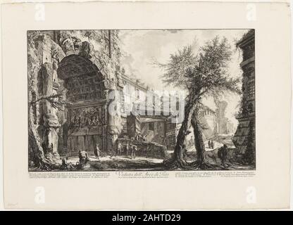 Giovanni Battista Piranesi. Vue sur l'Arc de Titus, de vedute di Roma (vues de Rome). 1750-1759. L'Italie. Eau-forte en noir sur papier vergé ivoire Giovanni Battista Piranesi's grand imprime à grande échelle sont considérés comme certains des plus remarquables gravures du 18e siècle. En plus d'un millier de plaques, il a incorporé de façon magistrale un large éventail de lignes, de petits détails à délicatement des incisions profondes que le papier gaufré lors de l'impression.Un architecte auto-proclamé, le Vénitien-né Piranesi s'installe à Rome alors qu'il était vingt et une subsistance rentable de vendre ses gravures de la ville de t Banque D'Images