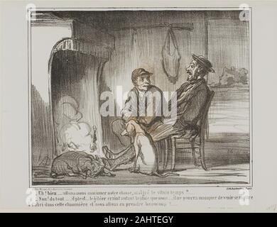 Honoré-Victorin Daumier. "- Maintenant, qu'allons-nous continuer la chasse pendant la pluie - Pas du tout ! Les animaux sont tout aussi peur de la pluie que nous. Ils pourraient ne pas être en mesure de trouver ce refuge, et on finira par perdre beaucoup trop !", 5 plaque de soirées de chasse. 1859. La France. Lithographie en noir sur papier vélin blanc Banque D'Images