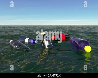 Mer polluée, les ordures et les bouteilles en plastique flottant dans la mer. Îles flottantes. La pollution en plastique, déchets de plastique. 3D render Banque D'Images