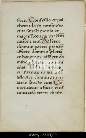 Manuscrit enluminé des lames. 1445-1455. L'Italie. Manuscrit avec coupe petite lettre romaine inscriptions en noir et brun foncé, tempera Encre et feuille d'or lettres illuminées, et décorations en rouge et de la lavande, de l'encre sur vélin Banque D'Images