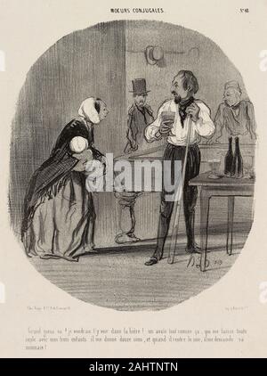 Honoré-Victorin Daumier. "Vous clochard ! J'aimerais que vous noyer dans votre bière ! Me laissant seule comme cela avec mes trois enfants, il me donne douze sous, et quand il revient le soir, il demande à son changement !", de Mœurs conjugales plaque 48. 1842. La France. Lithographie en noir sur papier vélin blanc cassé Banque D'Images