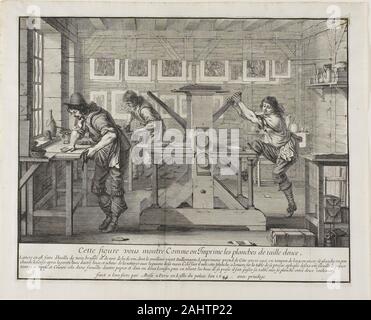 Abraham Bosse. L'aquafortiste's Press - La Boutique du graveur. 1642. La France. Gravure sur papier vélin ivoire Banque D'Images