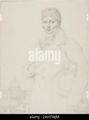 Jean Auguste Dominique Ingres. Portrait de Jean-Louis Robin. 1809-1810. La France. Graphite, avec dessouchage, sur papier vélin ivoire Ingres a dit, "dessin est tout ; c'est l'ensemble de l'art," et que "fumée elle-même doit être exprimée par une ligne." ses célèbres dessins illustrent son dévouement à ligne pure.Ingres a appelé son portrait de Jean-Louis Robin, médecin chef de l'hôpital français à Rome, de la Villa Médicis, le site de l'Académie de France à Rome, où l'artiste est en résidence à l'époque. Dans la distance, dessiné avec précision technique, est la basilique Saint-Pierre.usi Banque D'Images