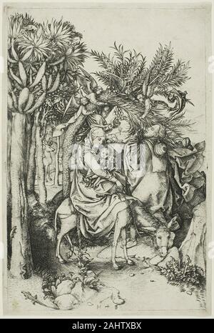 Martin Schongauer. La Fuite en Égypte. 1488-1491. L'Allemagne. Gravure sur papier Martin Schongauer a été l'un des plus prolifiques graveurs au début de la vallée du Rhin. Il a signé tous ses impressions avec ses initiales, faisant de lui le premier graveur dont la paternité a été parfaitement clair. Tandis qu'une poignée de l'artiste Peintures de survivre, gravures Schongauer inspiré des générations d'artistes, dont Albrecht Dürer. Cette image emblématique montre la Sainte Famille reposant tout en fuyant le Massacre des Innocents et de leur accueil en Israël pour l'Egypte. Le travail reflète certains comptes traditionnels de l'histoire Banque D'Images