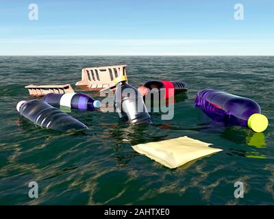 Mer polluée, les ordures et les bouteilles en plastique flottant dans la mer. Îles flottantes. La pollution en plastique, déchets de plastique. 3D render Banque D'Images