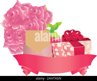 Illustration de boîte-cadeau, roses, lettre et ruban sur fond blanc. Illustration de Vecteur