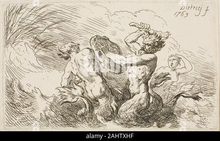 Christian Wilhelm Ernst Dietrich. Bataille des tritons. 1763. L'Allemagne. Eau-forte sur papier en 1763, Dietrich a été nommé professeur de la peinture de paysages à l'Akademie der Bildenden Künste à Dresde et est devenu directeur de la manufacture de porcelaine à la Kunstschule à Meissen. Confiant après ces nominations, Dietrich a pris une approche plus originale à son travail, s'abstenir de copier le style des autres artistes. Dans cette plaque gravée librement, on peut voir le style de Dietrich's main direct. Banque D'Images