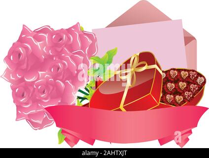 Illustration de boîte-cadeau, roses, lettre et ruban sur fond blanc. Illustration de Vecteur