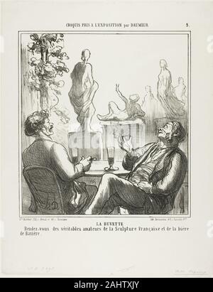 Honoré-Victorin Daumier. Au Bar. Point de rencontre pour les vrais amoureux de la sculpture française et de la bière bavaroise, la plaque de 5 soirées pris à l'exposition. 1865. La France. Lithographie en noir sur papier vélin blanc (1936-1937) EXPOSITIONS Salon dépeint sur plusieurs décennies de la bande dessinée des revues telles que la caricature et Le Charivari, qui a publié cette lithographie. Cela suggère l'impression différentes raisons pour lesquelles les visiteurs sont venus à Paris et le salon. Montré ici sont flaneurs qui installent eux-mêmes par le bar, d'un ton sarcastique étiqueté par Daumier, "les vrais amateurs" de l'art, ce qui implique qu'un réel enthousiasme Salon Banque D'Images