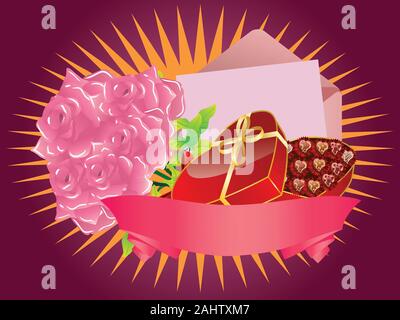 Illustration de boîte-cadeau, roses, lettre et ruban sur fond coloré. Illustration de Vecteur