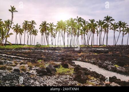 Les champs de lave stérile de Pu'uhonua, ou de la ville de refuge, où les Hawaiiens pourrait aller chercher l'absolution pour briser les lois anciennes. Pu'uhonua o Honaunau. Banque D'Images