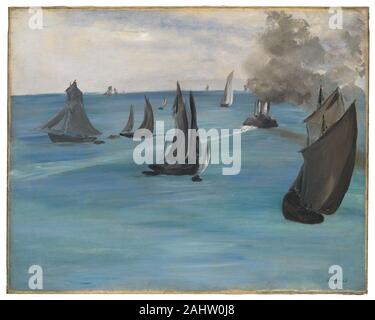 Édouard Manet. Sur la mer, par temps calme (vue de mer, temps calme). 1864-1865. La France. Huile sur toile c'est l'un des premiers tableaux d'Édouard Manet de la mer, un sujet auquel il est revenu à plusieurs reprises. C'est l'un des trois ou quatre œuvres qu'il peint à Paris à partir de croquis réalisés en vacances avec sa famille dans le nord du port de Boulogne-sur-Mer. Si brossé avec audace et presque en forme calligraphique, les navires restent identifiables comme des types spécifiques. Un paquet de roue bateau à vapeur à la tête de la chaîne, laissant les bateaux à voile plus lente dans son sillage. Banque D'Images