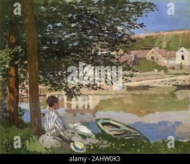 Claude Monet. Sur les bords de Seine, Bennecourt. 1868. La France. Huile sur toile ici Claude Monet's future épouse, Camille Doncieux, se trouve sur une île de la Seine, à la recherche en direction du hameau de Gloton, près de la ville de Bennecourt, d'où elle et Monet ont probablement ramé. C'est la seule peinture de survivre à partir de la brève période que le couple passe dans Gloton, dont le romancier Émile Zola a recommandé à Monet comme une retraite rurale bon marché qui a été facilement accessible de Paris. Les repentirs (Lavis) suggèrent que dans un stade précoce de la peinture, Camille a tenu une enfant normale, p Banque D'Images