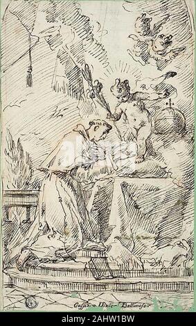 Francesco Fontebasso. Saint Antoine de Padoue et l'Enfant Jésus. 1709-1767. L'Italie. Plume et encre brune sur craie rouge, sur papier vergé ivoire, fixées sur papier vélin vert Banque D'Images